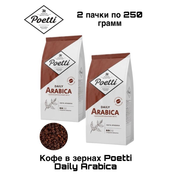 Кофе в зернах Poetti Daily Arabica 250 грамм 2 штуки