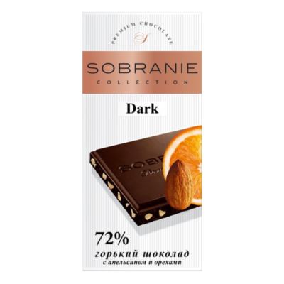 SOBRANIE горький шоколад с апельсином и орехами в картоне 90 грамм