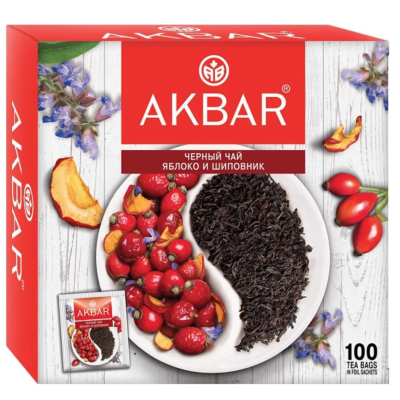 Чай черный Акбар Яблоко и Шиповник 100 пакетиков