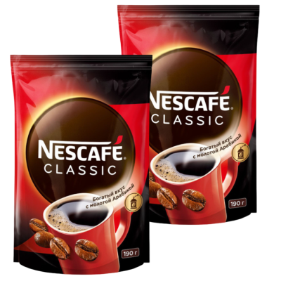 Кофе растворимый Nescafe Classic с молотым 190 грамм пакет 2 штуки